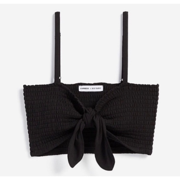 Express X Rocky Barnes Black Smocked Bow Tie Front Stretchy Crop Top Size Large - Picture 10 of 11